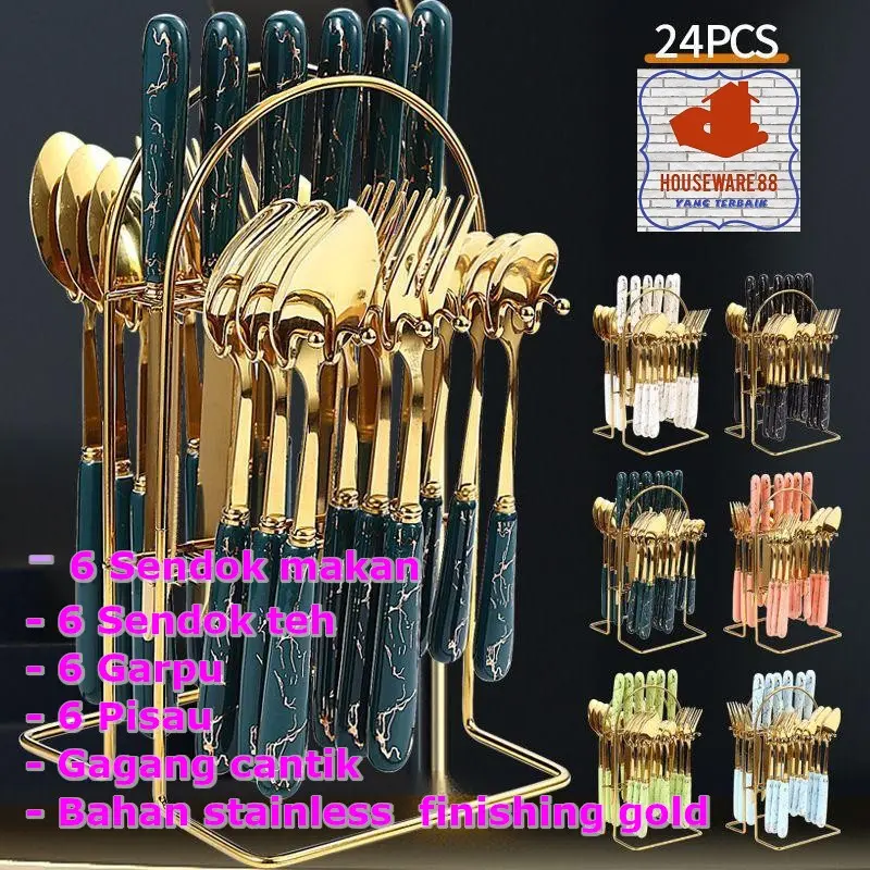 Sendok Cutlery Set Sendok Sultan Makan Set Isi 24 Set Gold Marble Sendok Makan Set Bahan Stainless Tebal Rapi Golden Spoon Marble Rak Stainles Souvenir Kado Gift