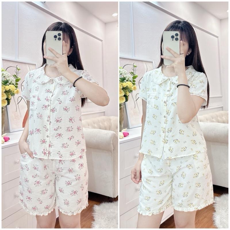 (Châu)Bộ đùi cổ sen phối ren hoa nhí chất đũi mềm xinh