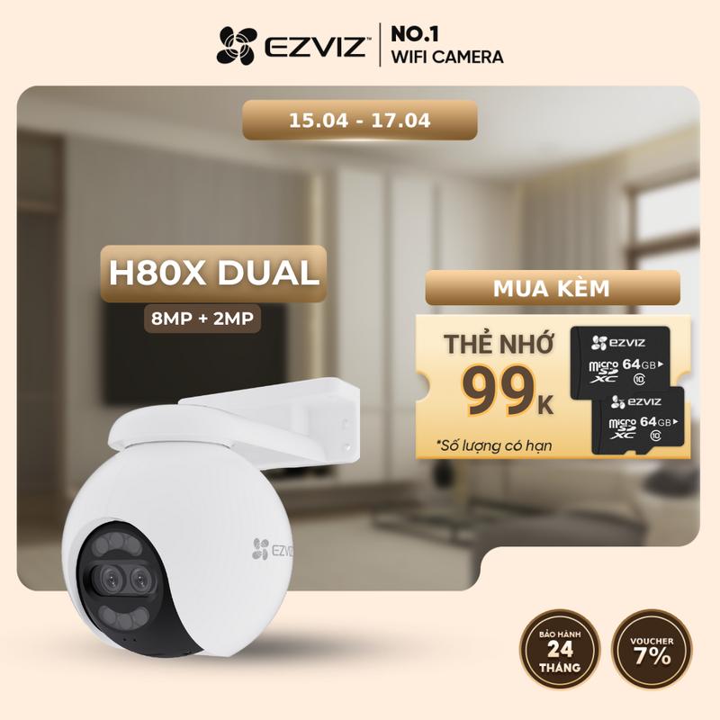 Camera Ngoài Trời Cao Cấp H80x Dual 8MP+2MP (4K),Ống Kính Kép, Có Màu Ban Đêm Ko Cần Đèn, Xoay 360 Độ, Phát hiện Người và Xe Cộ,Thu Phóng Tự Động, Báo Động Còi Hú và Đèn Chớp, Đàm Thoại 2 Chiều, Wifi 2.4Ghz và Cổng Mạng Lan