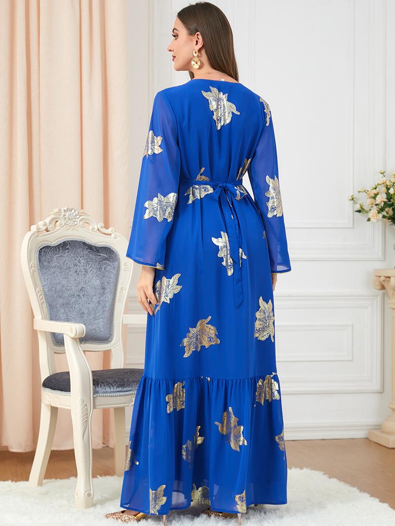 Product Introduction of Baju Raya Middle East Dubai Muslim women's clothing with belt abaya fashion high-end hot stamping dress 9