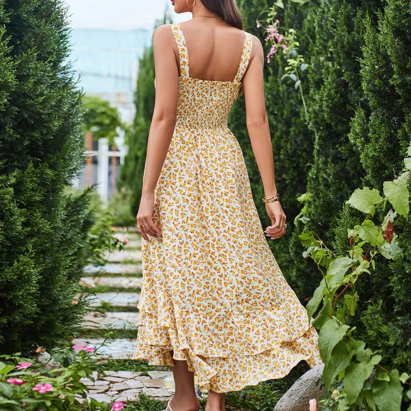 Product Introduction of Grace Karin Women Square Neck Maxi Dress Smocked Bodice Dual Layer Hem Ankle Length Dress 21