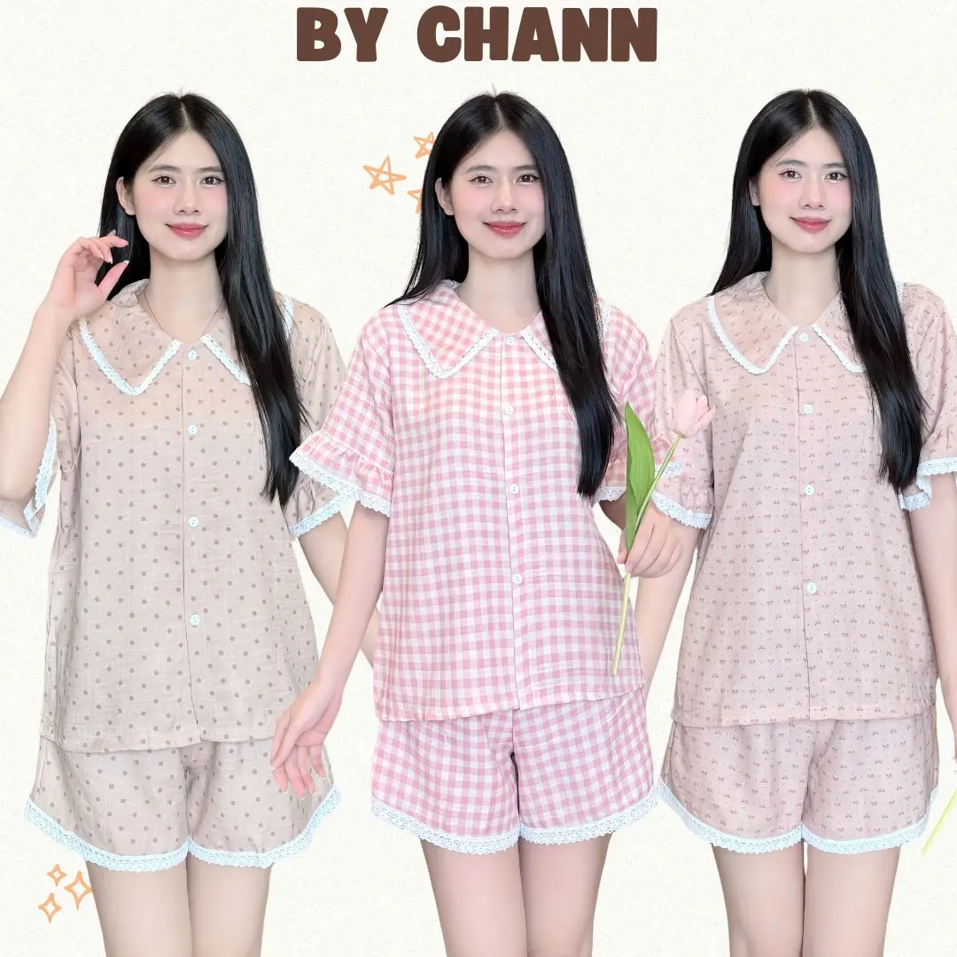 Bộ Đồ Ngủ BY CHANN Cổ Nhọn Phối Viền điệu đà, quần cộc áo cộc mặc nhà, chất liệu đũi vân mây