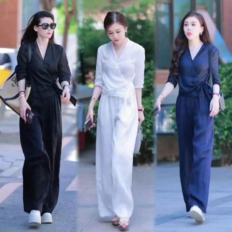 Bộ Đồ Bó Sát Dáng Rộng Thường Ngày Hàng Mới Về Mùa Hè, Áo Buộc Dây Cổ Chữ V Cho Nữ, Quần Ống Đứng Chân Rộng, Bộ Hai Mảnh