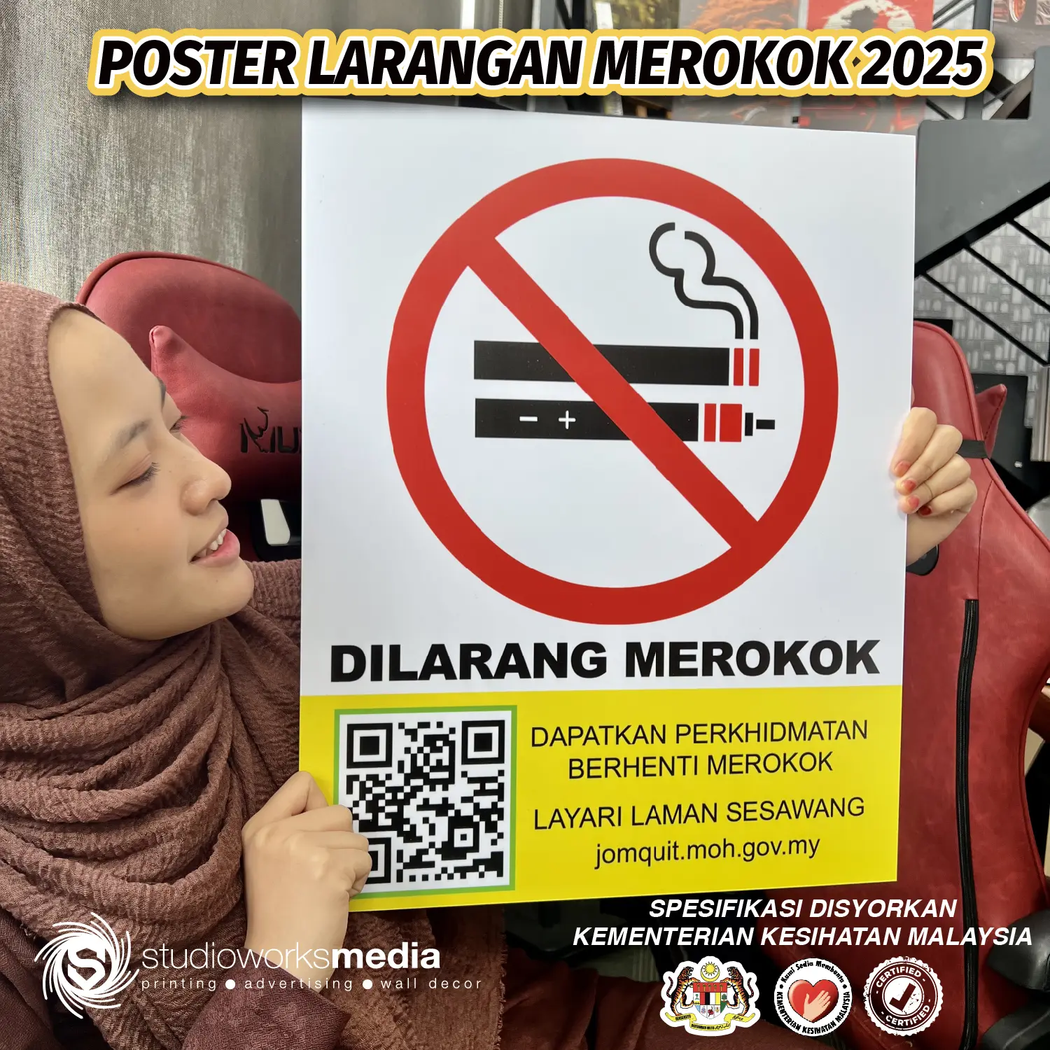 Sign Sticker Tanda Amaran Larangan Merokok Terkini 2025 Material Acrylic High Impact No Smoking No Vaping Spesifikasi Disyorkan Kementerian Kesihatan Malaysia