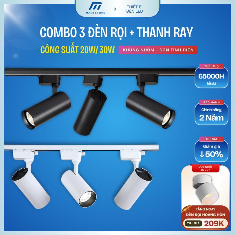 Combo 3 đèn rọi ray công suất 20W/30W trang trí showroom, phòng khách