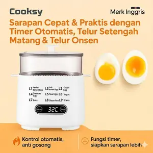 Cooksy Pengukus Telur Multifungsi 2 Tingkat (Atas Kukus Bawah Rebus) – Timer Otomatis, Auto Mati, Hemat Listrik, Sarapan Cepat untuk Anak Kost, Rumah & Keluarga