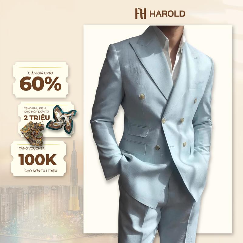 Bộ Suit Jacket (Jacket+Quần) Nam Cao Cấp Harold Mykonos Mist 2 Hàng Khuy Sang Trọng, Chống Nhăn, Độ Bền Cao