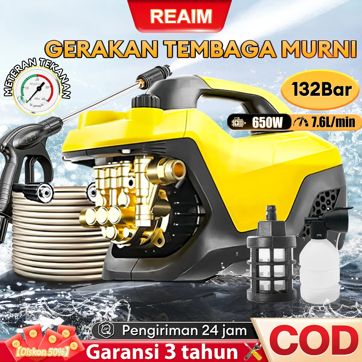 REAIM Alat Pembersih Mobil dan Sepeda Motor Tekanan Tinggi 650W, Mesin Pembersih Jet, Mesin Cuci Mobil Bertekanan Tinggi, Nyaman untuk Digunakan Di Rumah, Tidak Ada Suara dan Daya Tinggi Peningkatan baru Car Cleaner Semprot