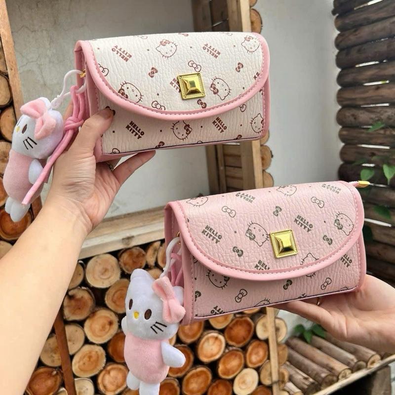  Túi xách nữ túi đeo chéo hình chữ nhật hoạ tiết mèo hello kity kèm chamr 