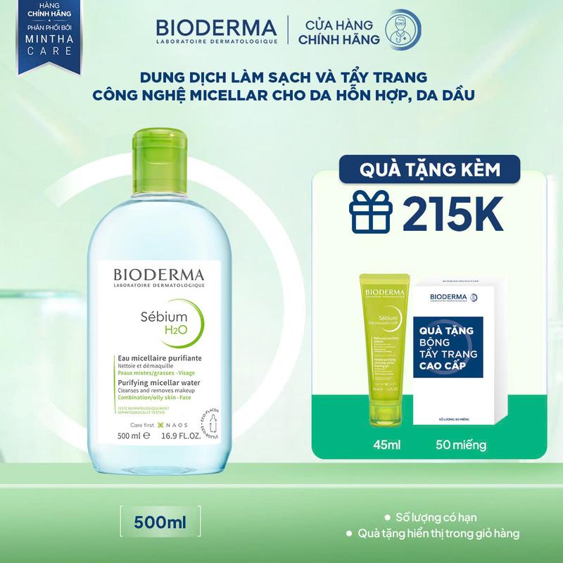 Dung dịch làm sạch và tẩy trang công nghệ Micellar dành cho da hỗn hợp, da dầu Bioderma Sebium H2O 500ml