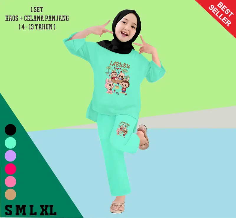Setelan Kaos Anak Perempuan Celana Panjang Labubu Cafe Fashion Usia 4-13 Tahun Baju 4