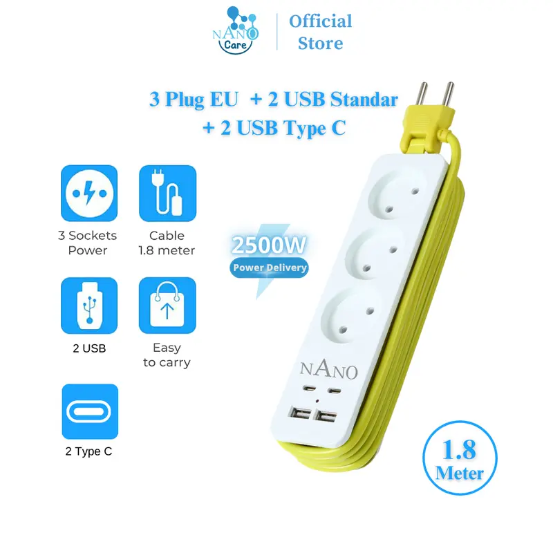 NANO Stop Kontak Traveling 3 Lubang 4 Port USB/ 3 Lubang 2 Port USB 2 Port Type C stop  kontak 4