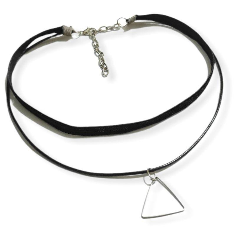 Black Double Layer Triangle Velvet Choker Necklace Kalung Segitiga Multilayer Dua Lapis Rantai Tali 8