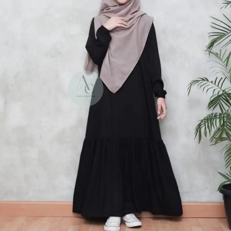 Aara Collection  Gamis Abaya Hitam turki Serut Lengan karet wanita remaja muslim elegan wolpis premium ukuran S M L XL XXL / basic abaya polos wanita kajian santri putri remaja elegan Dress Mewah Syari 2