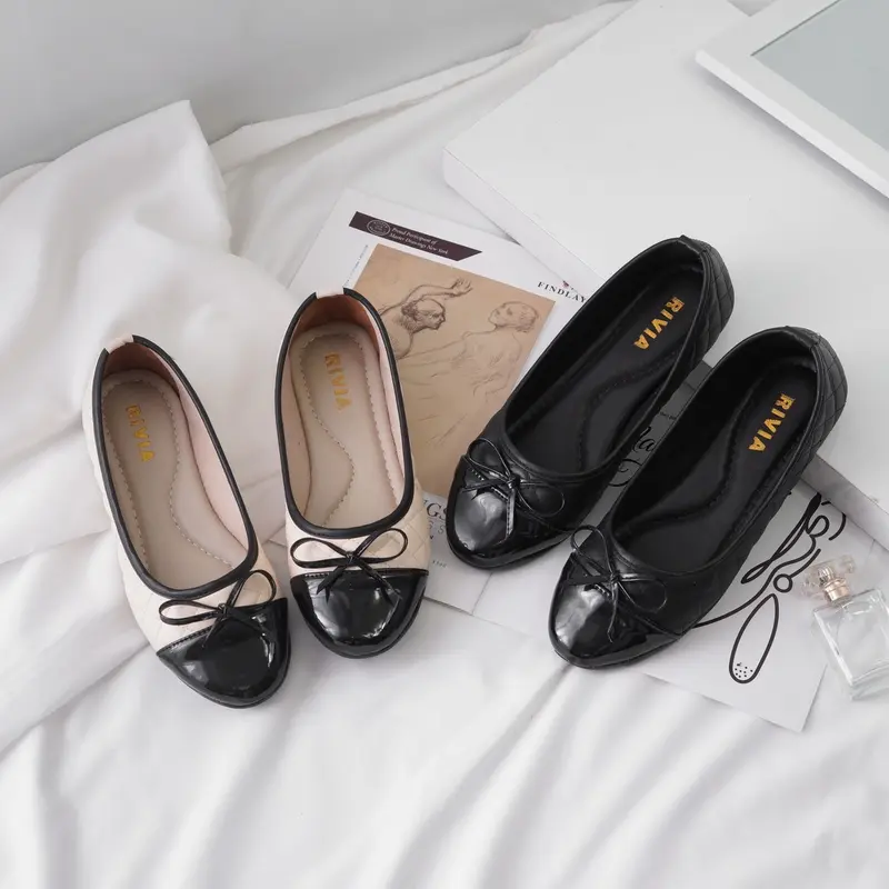 Sepatu Balet Kerja RIVIA Flatshoes Wanita Tali Iket Garis-Garis Empuk Sol Karet Hitam 2