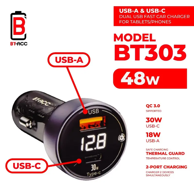BT-ACC ADP Kepala Charger Mobil 48W Dual USB (USB-A dan USB-C) Fast Charging - BT303