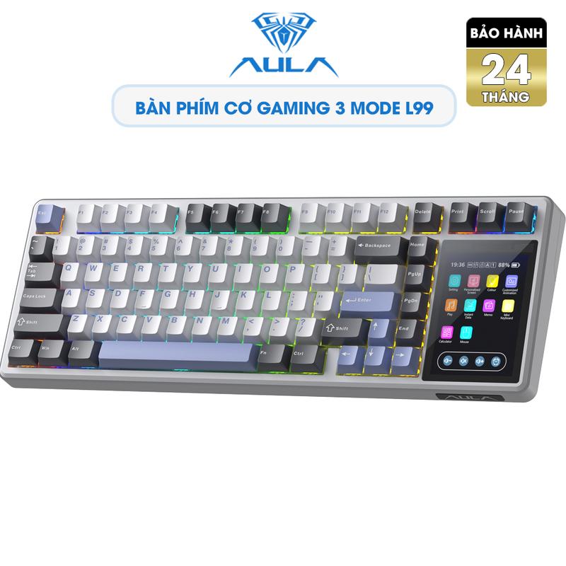 Bàn phím cơ gaming AULA L99 có màn hình 3.98 inch hiển thị ảnh GIF, thời gian, nhiệt độ, LED RGB, 3 mode kết nối