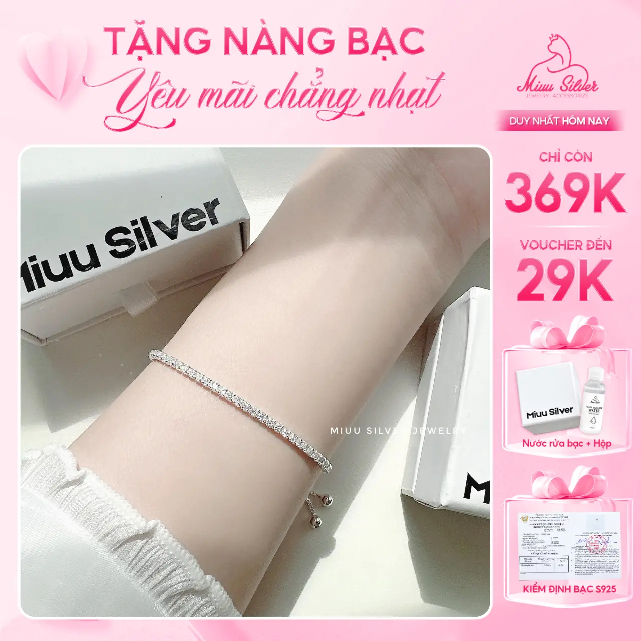 [Tặng 1 nước rửa bạc] Lắc tay bạc 925 Miuu Silver, vòng tay chốt dây rút