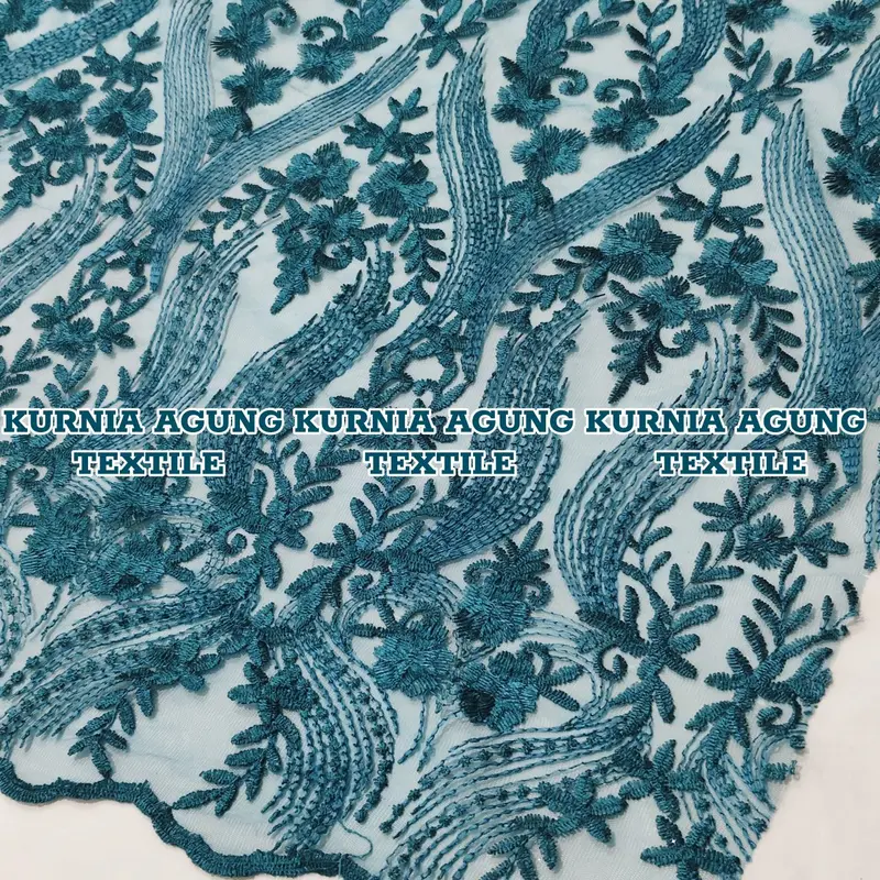 Kain Bahan warna EMERALD BLUE  Kain Bridesmaid Premium Bahan Brokat Satin motif Etnik Sumba Akar Rambat dijual per 50cm 3