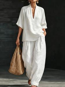 Conjunto de verano para mujer de lino: blusa con cuello en V y media manga, color sólido; pantalón de pierna ancha con bolsillos y ajuste holgado; conjunto cómodo.