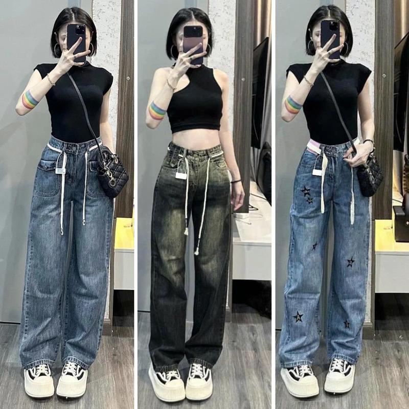Quần bò nữ ống rộng MELINA quần jean ống suông trơn basic cạp cao màu xanh nhạt, đen ánh rêu size S M L SPG3 quan  jean
