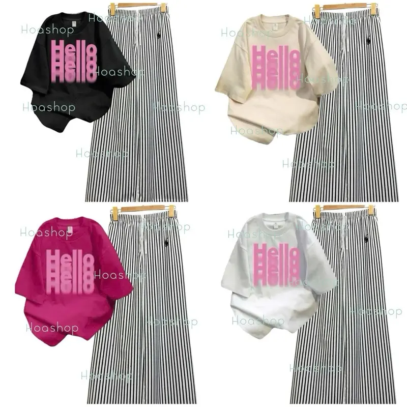 ￼Set bộ áo thun cotton form rộng mix quần xuông kẻ dọc thêu ngựa hot women 1