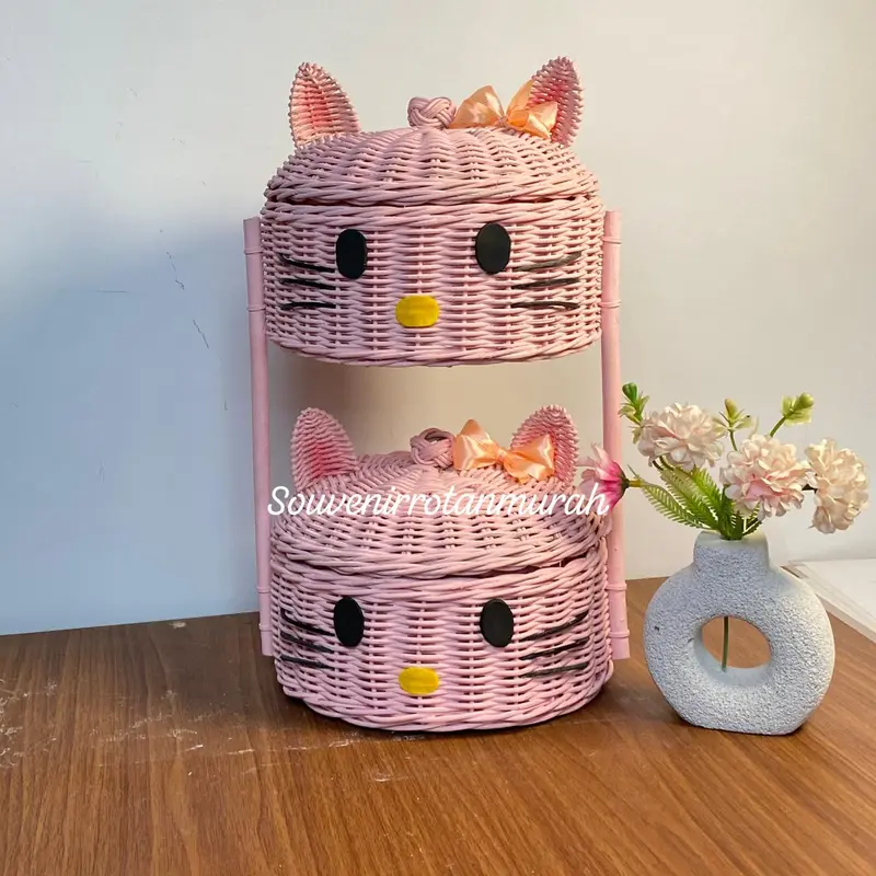 RAKIT SENDIRI Keranjang Rotan Bumbu Karakter Hello Kitty Susun 2 / Kucing Dapur Aestetic Souvenir Rotan Murah / Hamper Unik 3