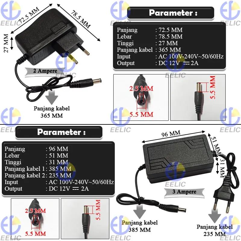 EELIC ADT-JSY Adaptor Konektor AC/DC 2 Ampere & 3 Ampere 12 Volt 2