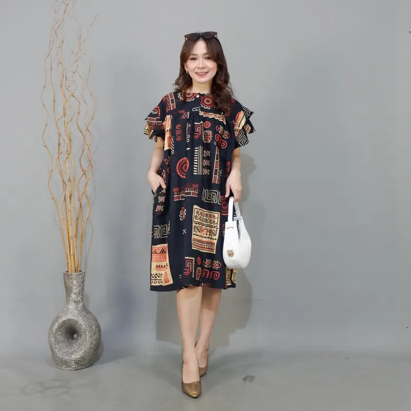 Daster Rindi Dewi Sri Dress Panjang Motif Katun Rayon Premium Wanita Busui Pendek Nyaman Midi Bumil Tidur Batik Kancing 0