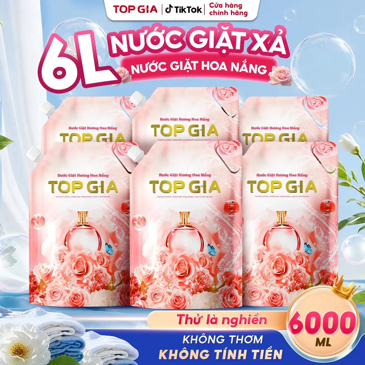 KEY[ DEAL 79K ] 1 Thùng 6 TÚI 6000ML Nước Giặt Xả TopGia Hương Hoa hồng 3IN1- Nước giặt xả quần áo làm sạch, ngừa khuẩn, làm mềm vải và lưu hương dài lâu  1 Túi 1000ML [SẢN XUẤT TẠI VIỆT NAM] NƯỚC GIẶT HỒNG TDT 0PT