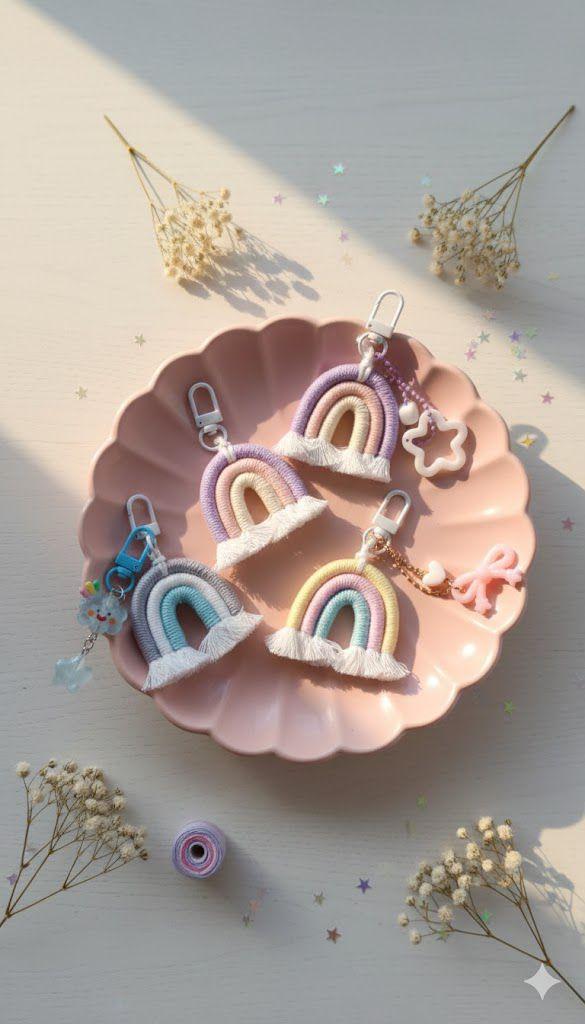 Gantungan Kunci Makrame Premium / Bag Charm Tassel Rainbow PomPom Aesthetic Korean Style - 100% Handmade