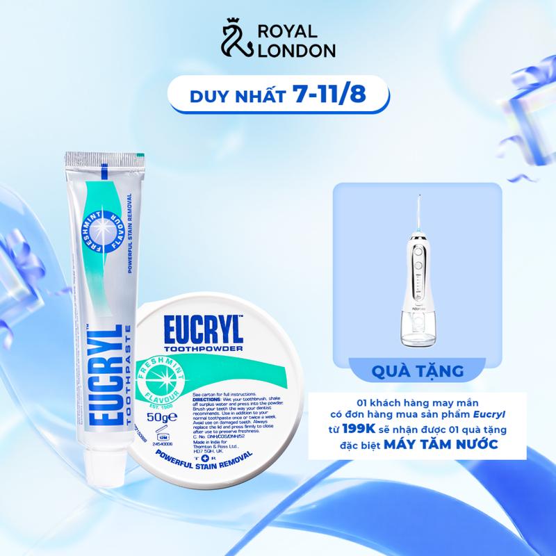 Combo trắng răng an toàn 4 trong 1: Kem đánh trắng răng Eucryl 62g + Bột hỗ trợ trắng răng Eucryl 50g chính hãng từ Anh Quốc - Làm trắng răng, Sạch mảng bám, Ngăn sâu răng, Giảm hôi miệng