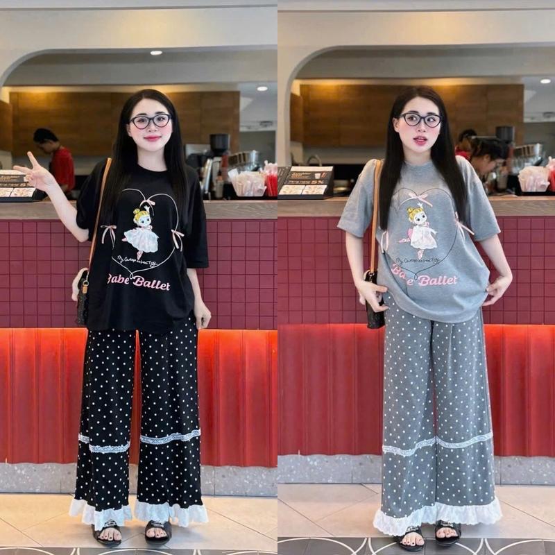  Mẫu mới Bigsize 60kg-90kg  Sét bộ dài quần suông chấm bi viền ren phối áo thun in cô gái babe dễ thương - sét đồ bộ nữ - thun tăm lạnh 