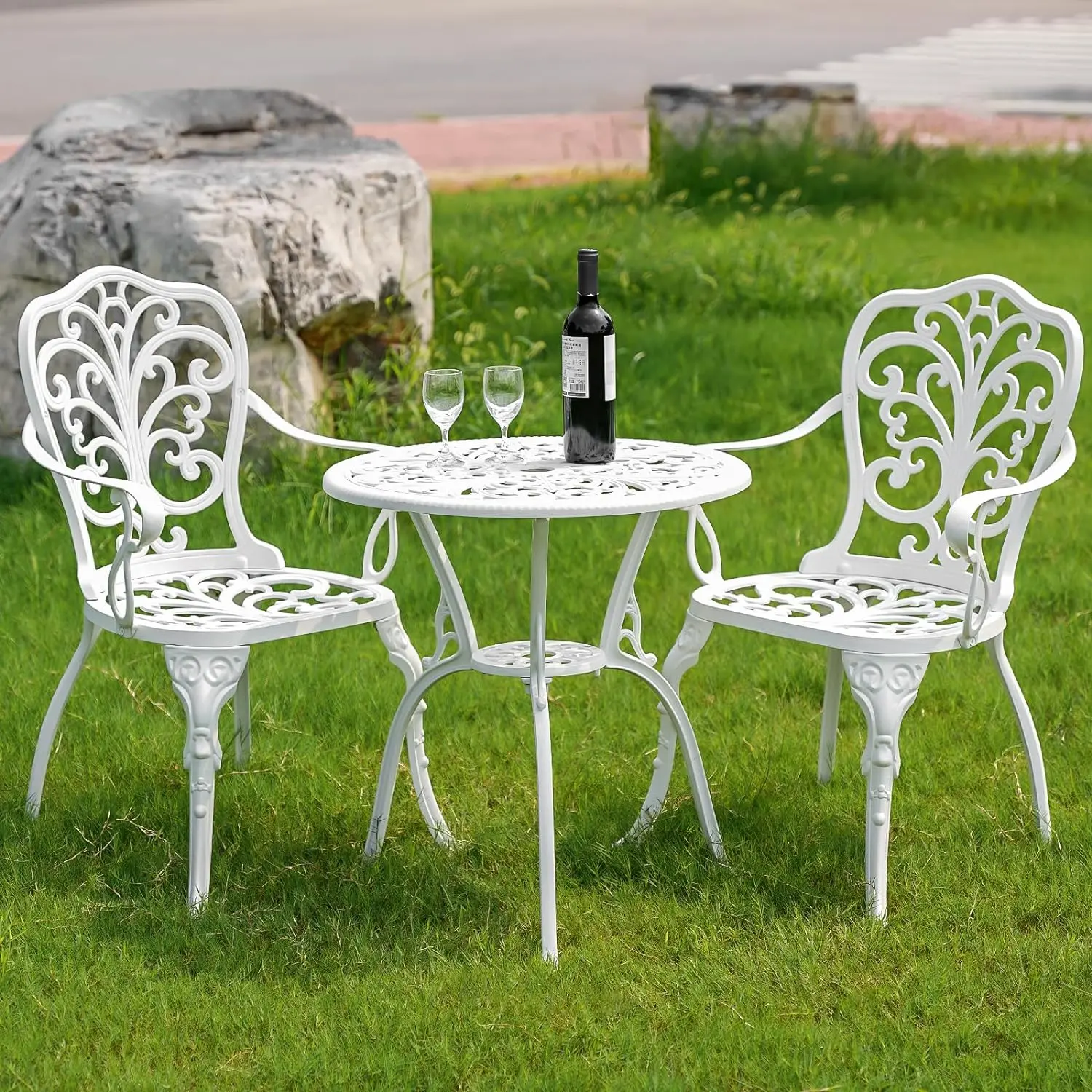 KIMDELIN Bistro Table and Chairs Set of 2, Patio Furniture Bistro Set, Cast Aluminum Bistro Set 3 Piece Outdoor with Umbrella Hole for Balcony