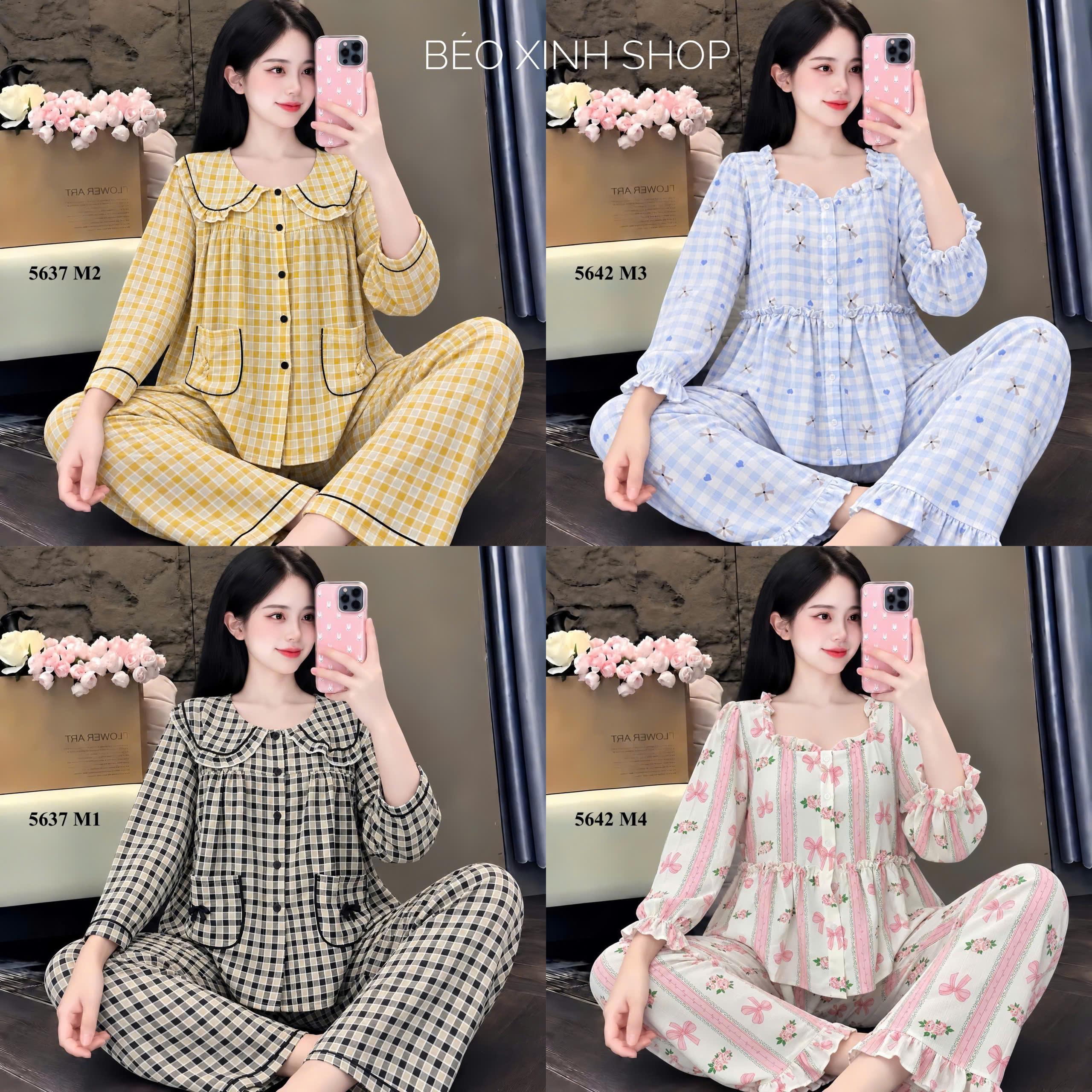 Đồ Bộ Pijama Xốp Nữ Bigsize 50-100kg, Set Pyjama Tay Dài Quần Dài Vải Đũi Xốp Cotton - A.THXOP2