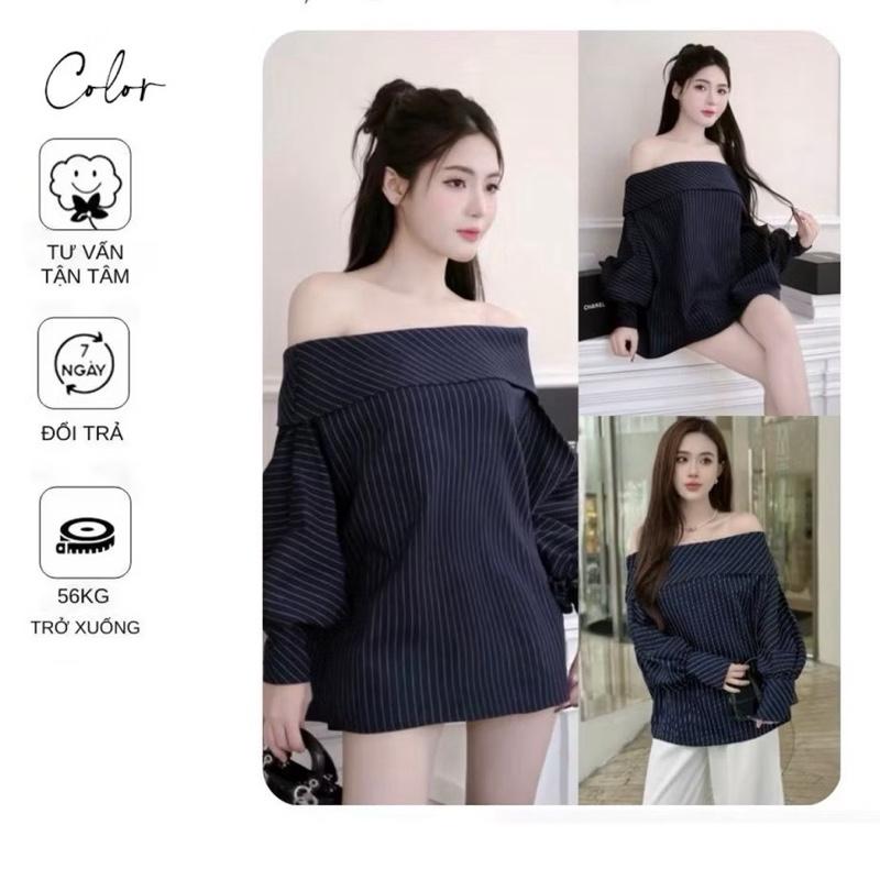 có bigsize Áo kẻ sọc xanh than trễ vai tay bồng by Tường Vy Shop