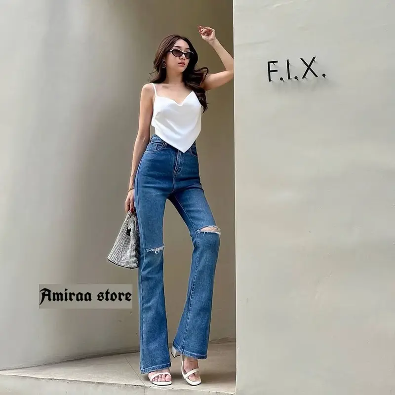 Celana Highwaist Cutbray Jeans Ripped Wanita Stretch Melar 0
