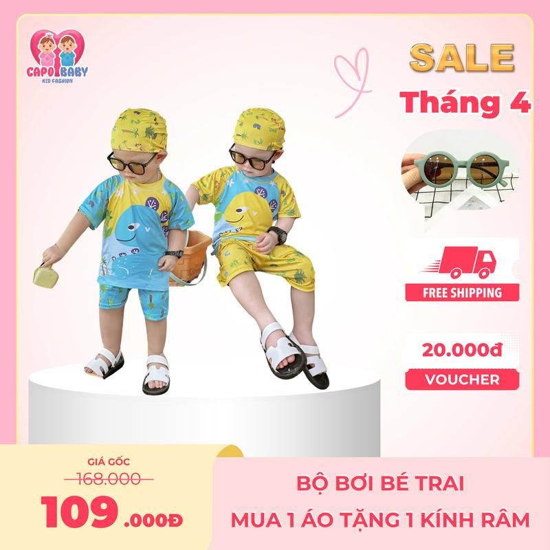 [ Tặng kính SH100 ] Đồ bơi cho bé trai, set đồ bơi 3 chi tiết áo quần và mũ bơi co dãn cho bé 7-28KG