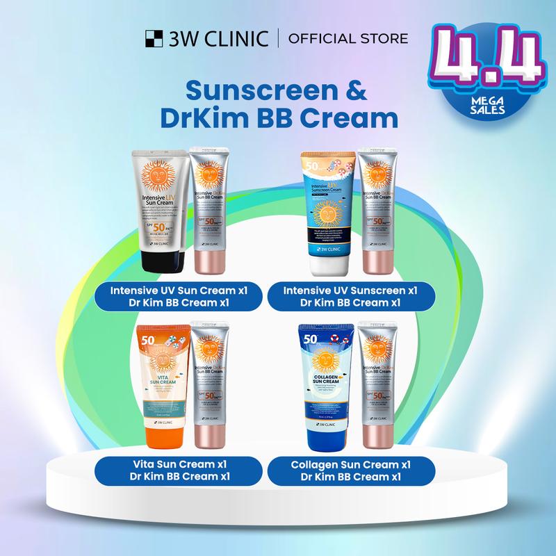 3W Clinic (Intensive UV Sun Cream /Sunscreen/ Vita Moist/ Collagen Sunscreen 70 ml & DR KIM BB Cream 50 ml) Suitable for ALL Skin Types and daily use.  Added Sun Protection SPF 50 PA+++ Facial Skincare