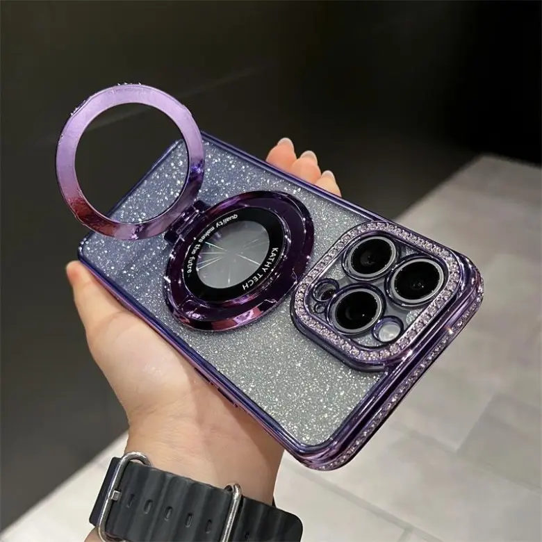 Luxury plating glitter magnetic stand case for iPhone 15 14 13 12 Pro max plus bracket case shockproof back cover iphone 15 case Accessories Handheld
