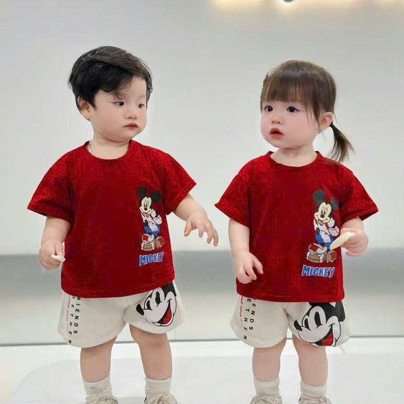  Set quần áo cho bé trai và bé gái bộ cộc tay Mickey vui nhộn chất vải cotton co giãn thoáng mát size 8-30kg 
