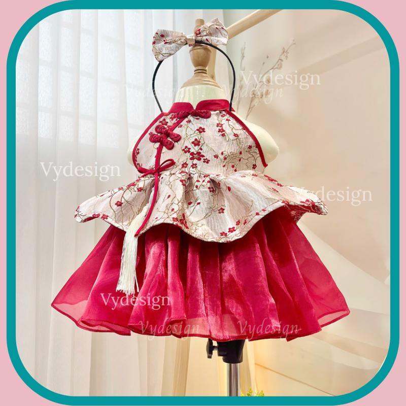 CHÍNH CHỦ Váy Tết Cho Bé Gái Gấm Hoa Đỏ Mặc Trung Thu Noel Tết Size 6-22kg