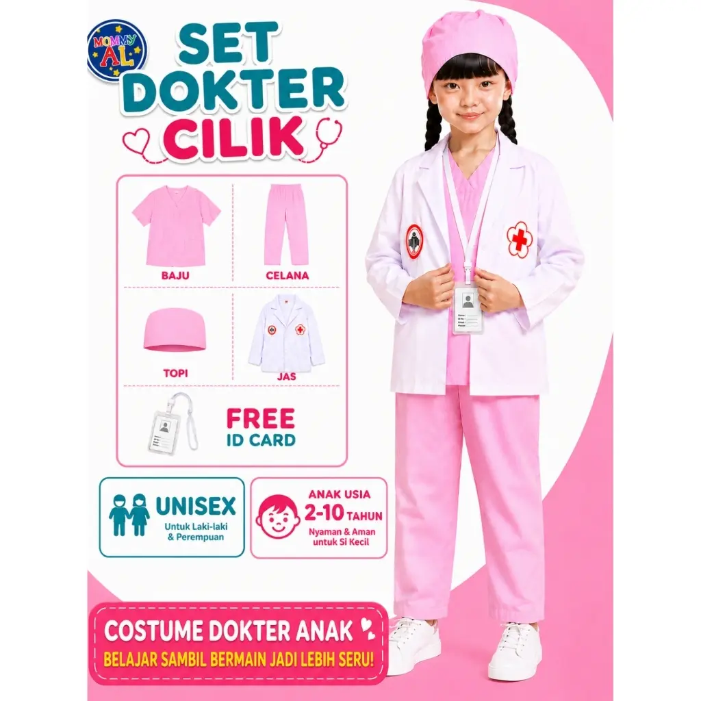 Baju Dokter AnakSet Lengkap |     Kostum Dokter Anak + Jas Dokter + FREE ID Card |     Usia 1-10 Tahun