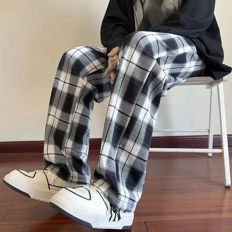 Celana Chinos Panjang Pria/wanita unisex Gombrong Casual Kotak-Kotak Korean Style Tartan Santai - Abu-abu - Katun, Cowok straight pants baggy sweatpants plaid loose fit