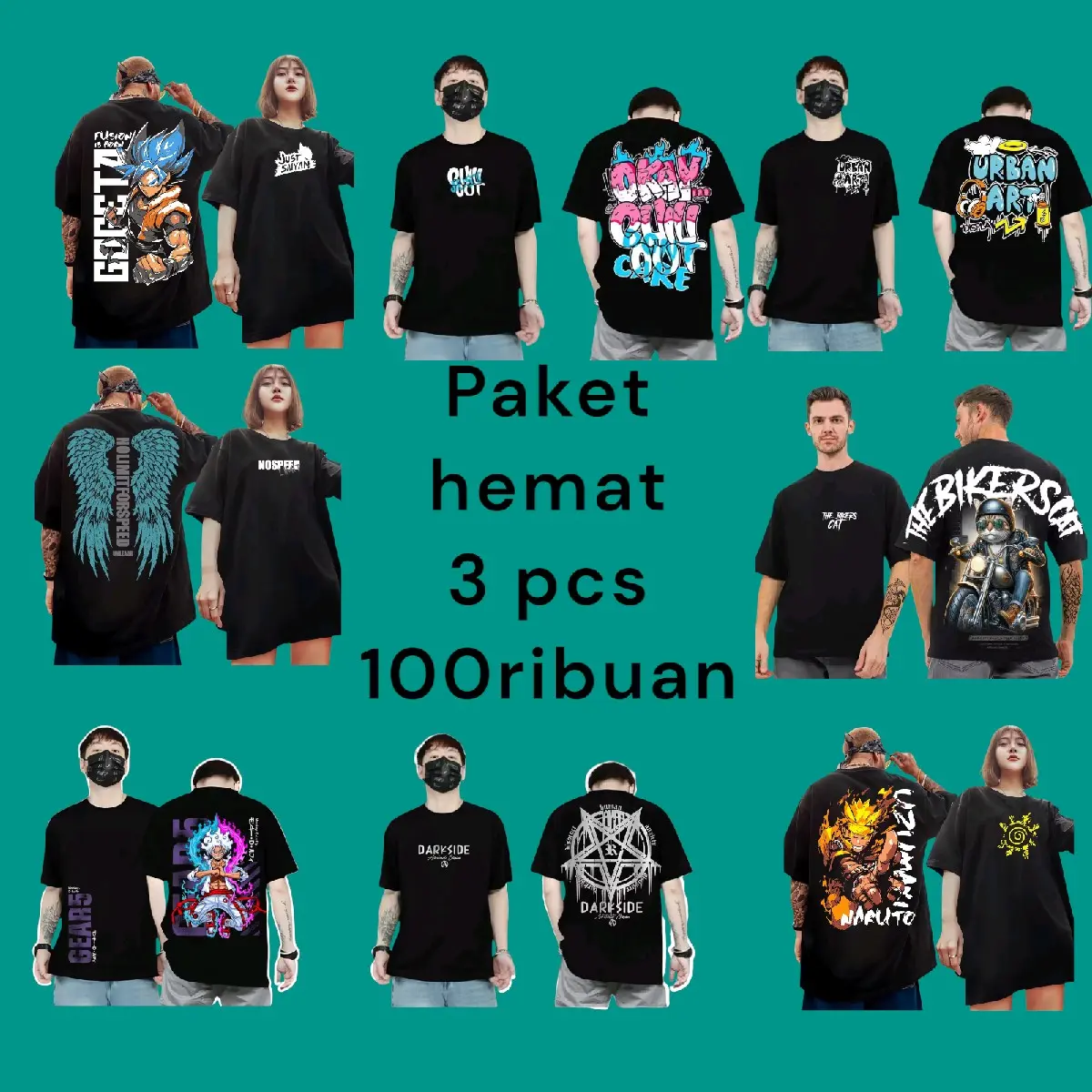 Paket hemat 3 pcs 100ribuan Kaos Distro Lengan pendek Pria dan wanita Motif sablon paket budle Cod Flash sale Katun combed Lokal Lembut