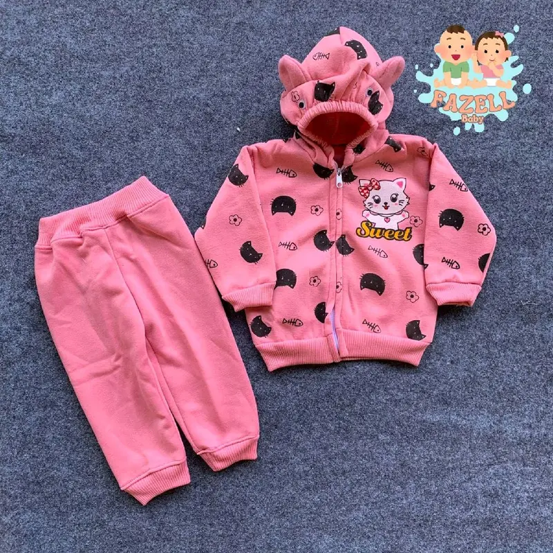 Setelan Jaket Hoodie Celana Bayi Anak Usia 0-1 Tahun Bahan Fleece Motif Sweet Cat Perempuan - Cream - Parsel, Fashion, Pakaian 1