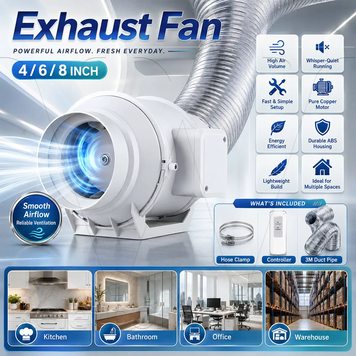 4/6/8inch Blower Dapur Penghisap Asap 220v Kipas Exhaust Fan Dinding Tertanam Penyedot Udara Untuk Kamar Mountable Exhaust Fan Dinding Penyedot Asap Dapur Kipas Angin Buang Diam Atap Inline Duct Fan Blower Hisap Ekstraktor Kipas Exhaust Fan Blower