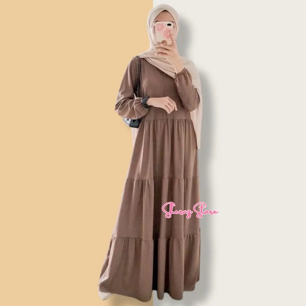 Delvina Gamis Dress Rempel Susun Wanita Remaja Muslim Jumbo Ld 140 130 120 110 104 98 92 Putih Hitam Army Maroon