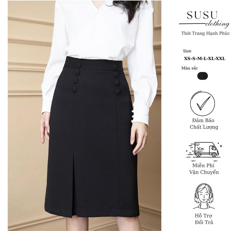 Chân váy chữ A Susu clothing công sở dáng dài qua gối phối 8 cúc ốp dài 68cm