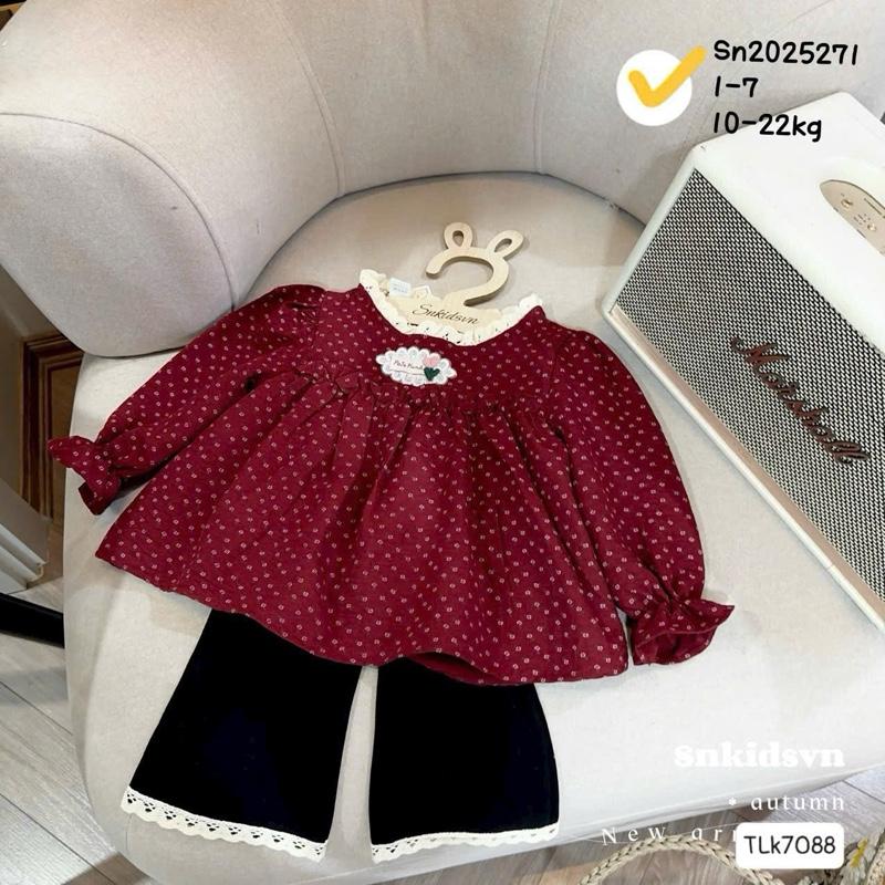 5-18kg -887Set áo dài tay màu đỏ dáng baby doll kèm quần TĂM-NỈ phối ren siêu mềm cho bé gái XMGY Nhận làm theo yêu cầu